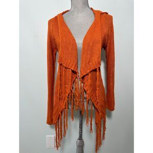 Poof Autumn Orange Fringe Knit Open Cardigan Hooded Wrap Sweater size M/L